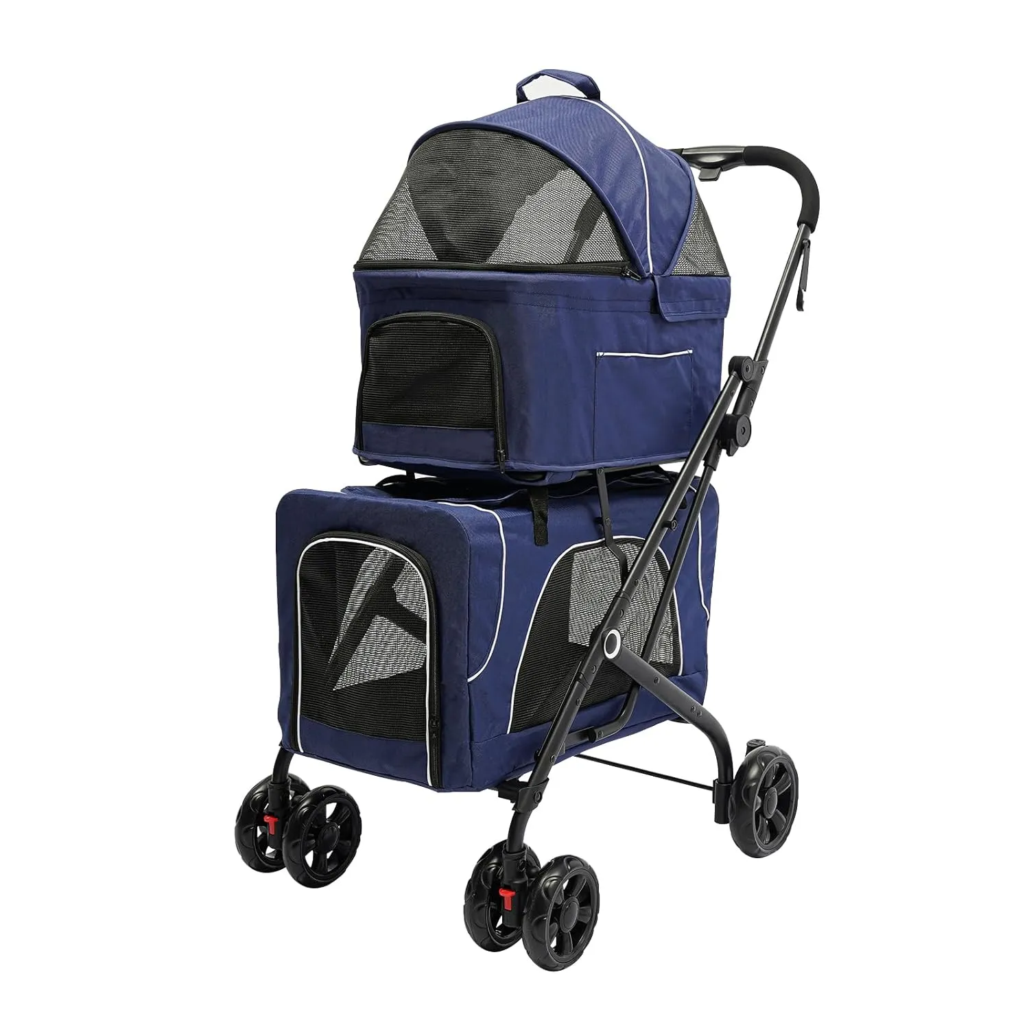 Pet Foldable Cart Double Layer Dog Cat Stroller Outdoor Pet Gear Breathable Safety Guard Visible Mesh w/ 4 Rollers 33.07 LBS Per Tier, 2 Colors (Blue)