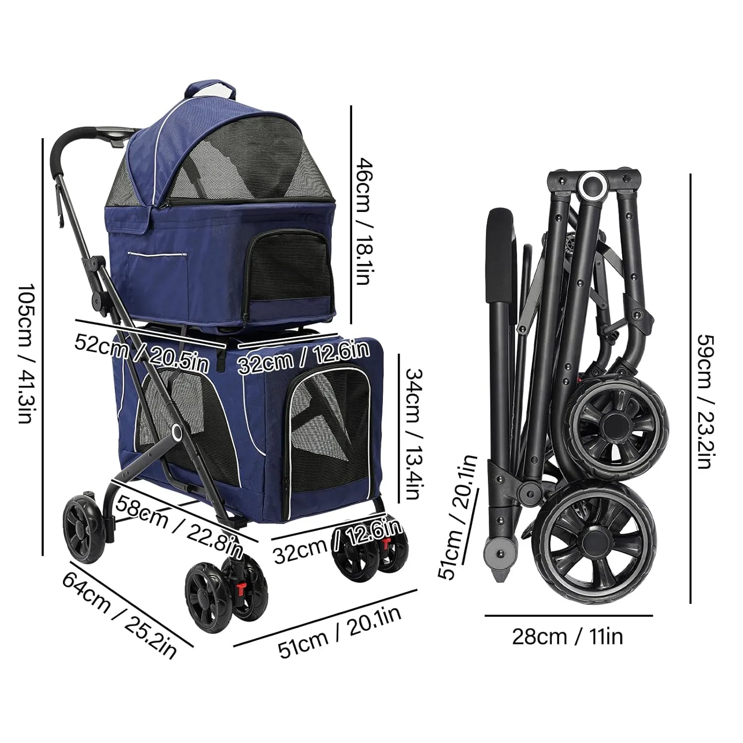 Pet Foldable Cart Double Layer Dog Cat Stroller Outdoor Pet Gear Breathable Safety Guard Visible Mesh w/ 4 Rollers 33.07 LBS Per Tier, 2 Colors (Blue)