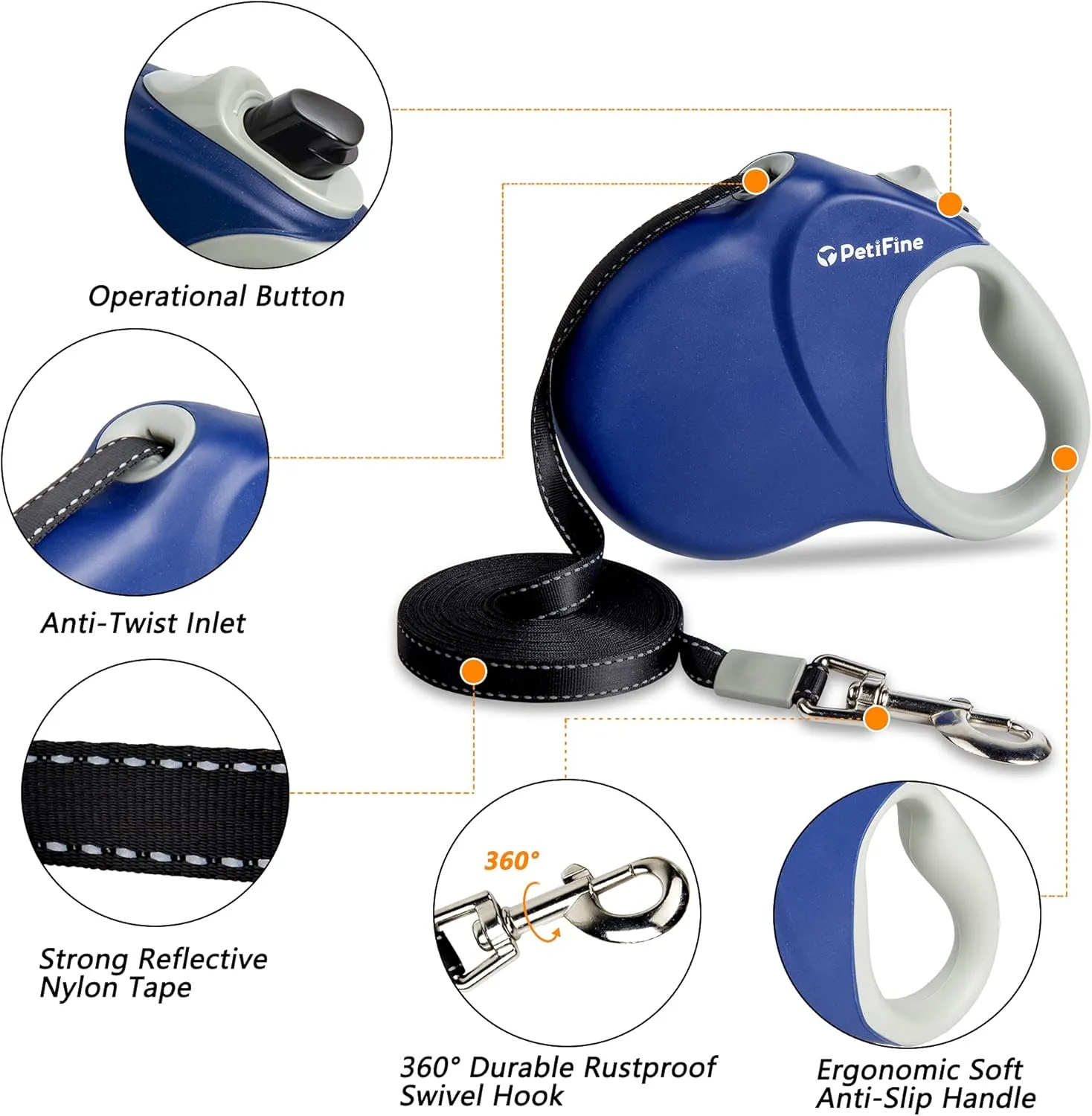 PetiFine 26ft/8m Heavy Duty Retractable Dog Leash for Large Dogs,Strong Extendable Dog Leash Up to 110 lbs, Reflective Nylon Tape Tangle Free (Blue)