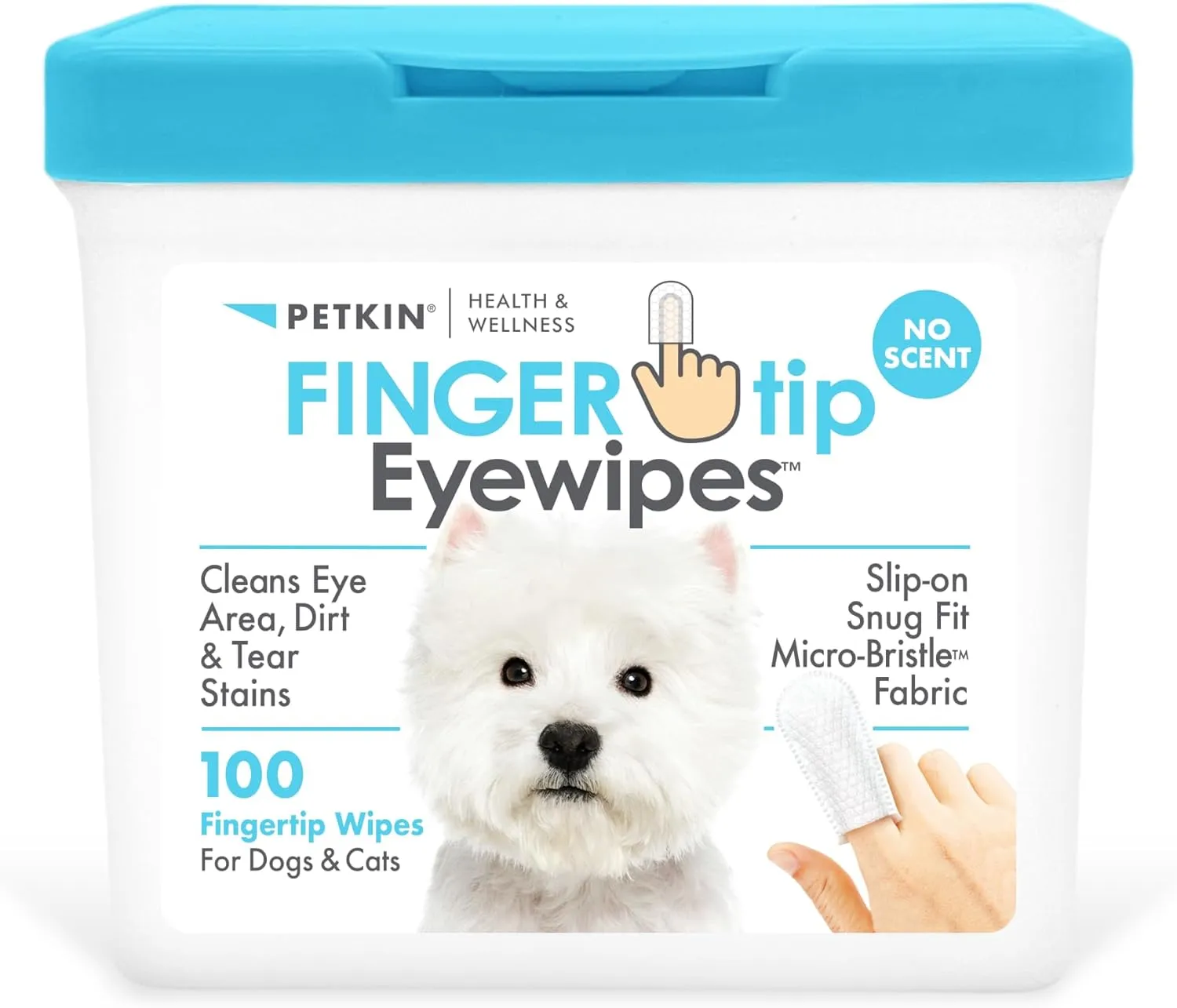 Petkin Fingertip Eye Wipes for Dogs and Cats, 100 Finger Wipes - Slip-On, Snug Fit, Micro-Bristle Fabric - Cleans Eye Area, Dirt and Tear Stains - Convenient, Ideal for Home and Travel - No Scent