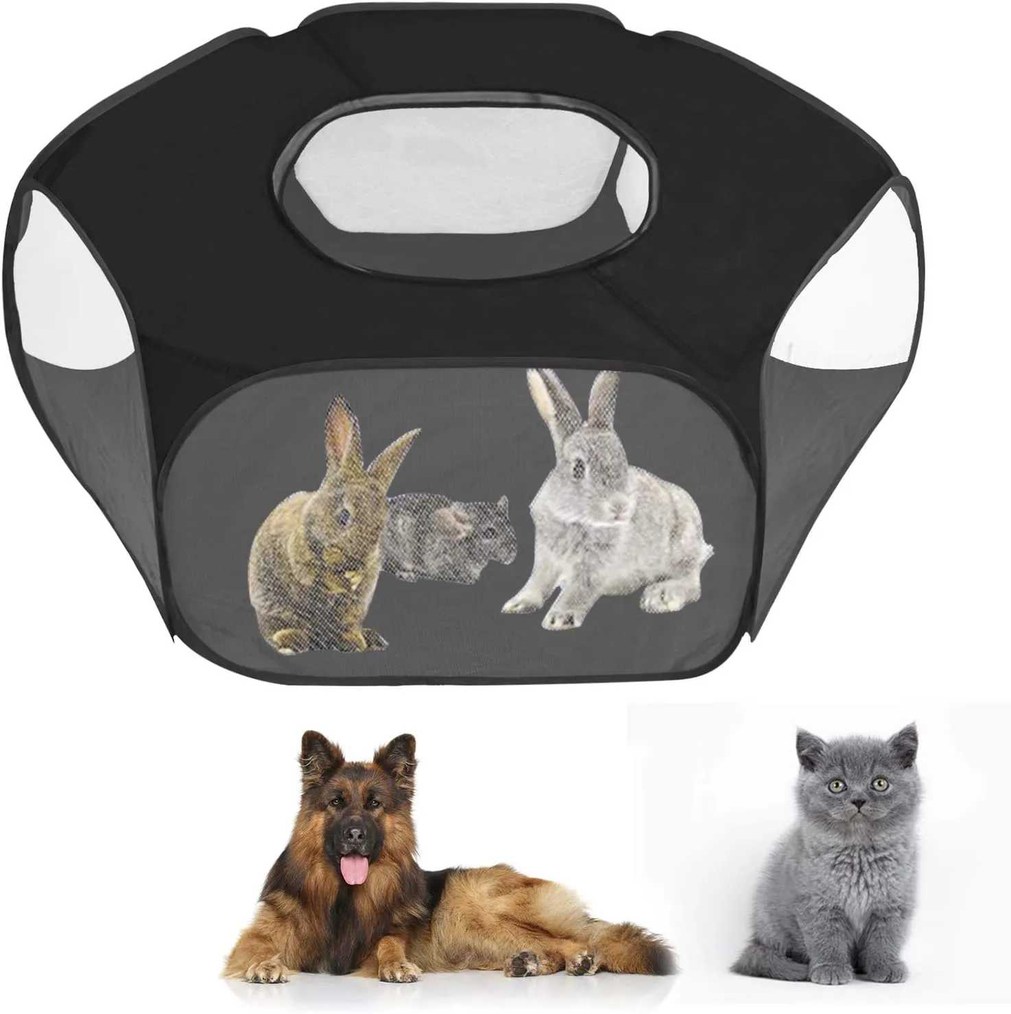 Portable Pet Tent Small Animal Pet Playpen Breathable Transparent Pet Tent with Zipper Top Cover Indoor Outdoor Foldable Cage Exercise Yard Fence for Kitten Puppy Guinea Pig Small Dogs Cats