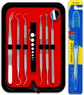 Professional Dental Hygiene Kit - Stainless Steel Tartar Remover, Tooth Scraper, Pick Scaler, Penlight, Toothbrush, and Case
