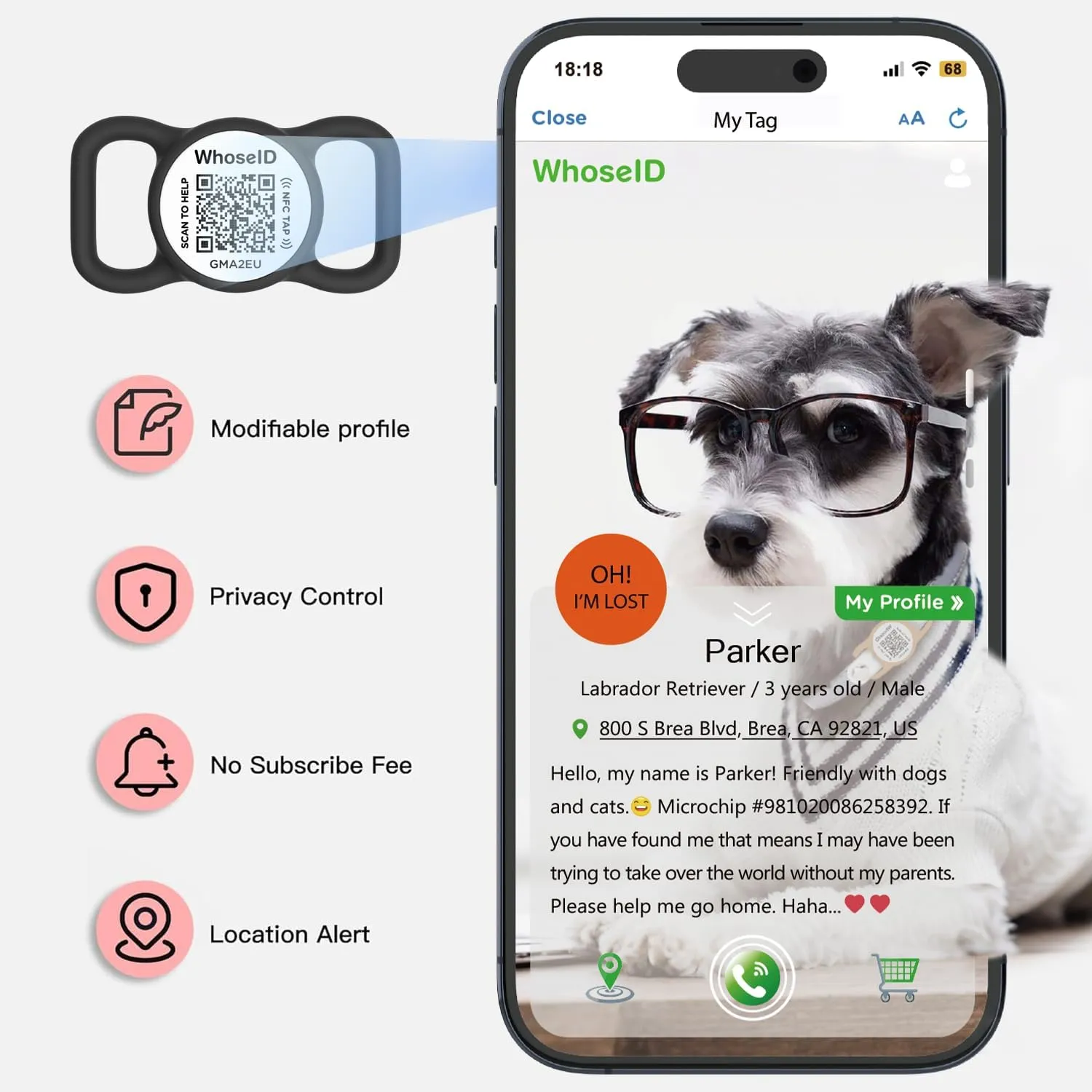 QR Code Dog Tag with NFC, Personalized Pet ID Tag, Silent Silicone Dog ID Tag, Modifiable Pet Online Profile, Multiple Emergency Contact, Scan QR Code Send GPS Location Email (Small, Red)