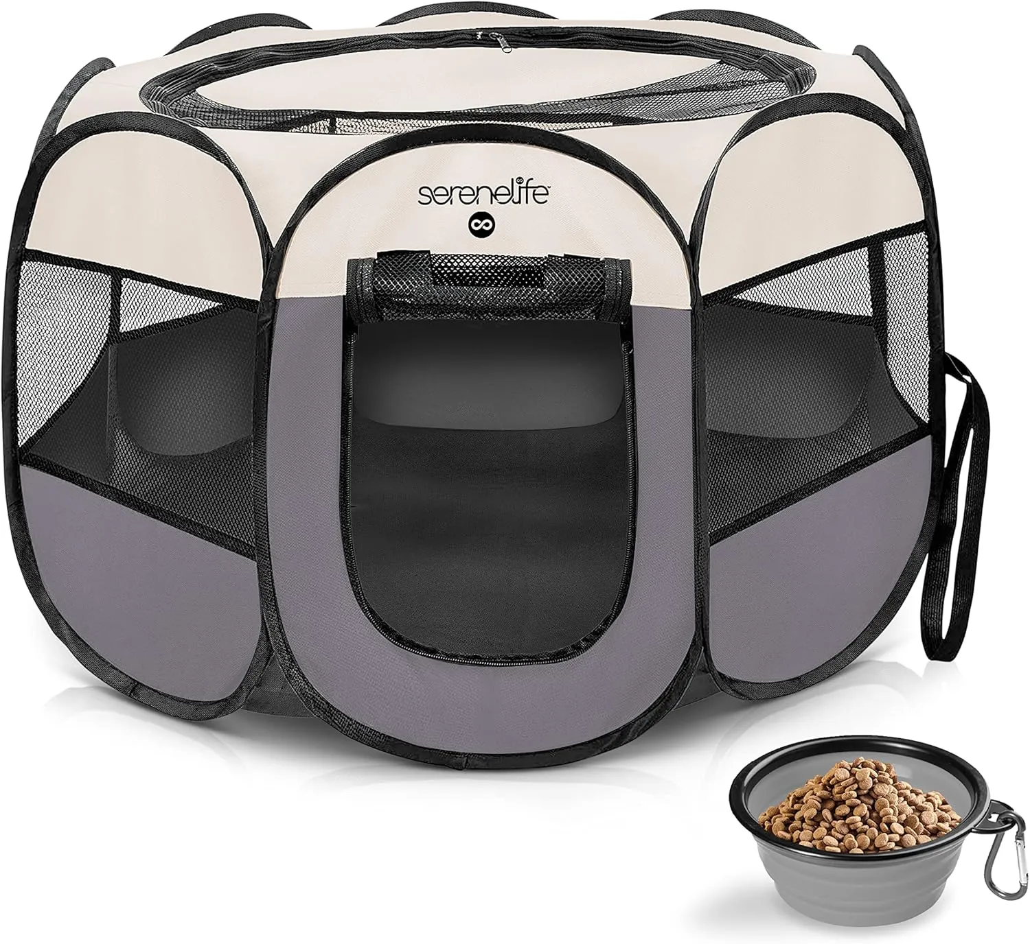 SereneLife On-The-Go Foldable Portable Pet Tent 8-Panel Playpen for Dog & Cat w/Food/Water Bowl, Mesh Exercise Puppy Playground, Pet House Indoor & Outdoor, Travel & Camping Pet Kennel (Grey, Medium)