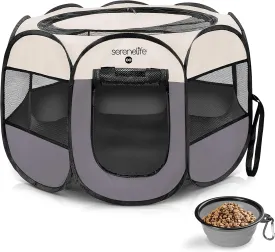 SereneLife On-The-Go Foldable Portable Pet Tent 8-Panel Playpen for Dog & Cat w/Food/Water Bowl, Mesh Exercise Puppy Playground, Pet House Indoor & Outdoor, Travel & Camping Pet Kennel (Grey, Medium)
