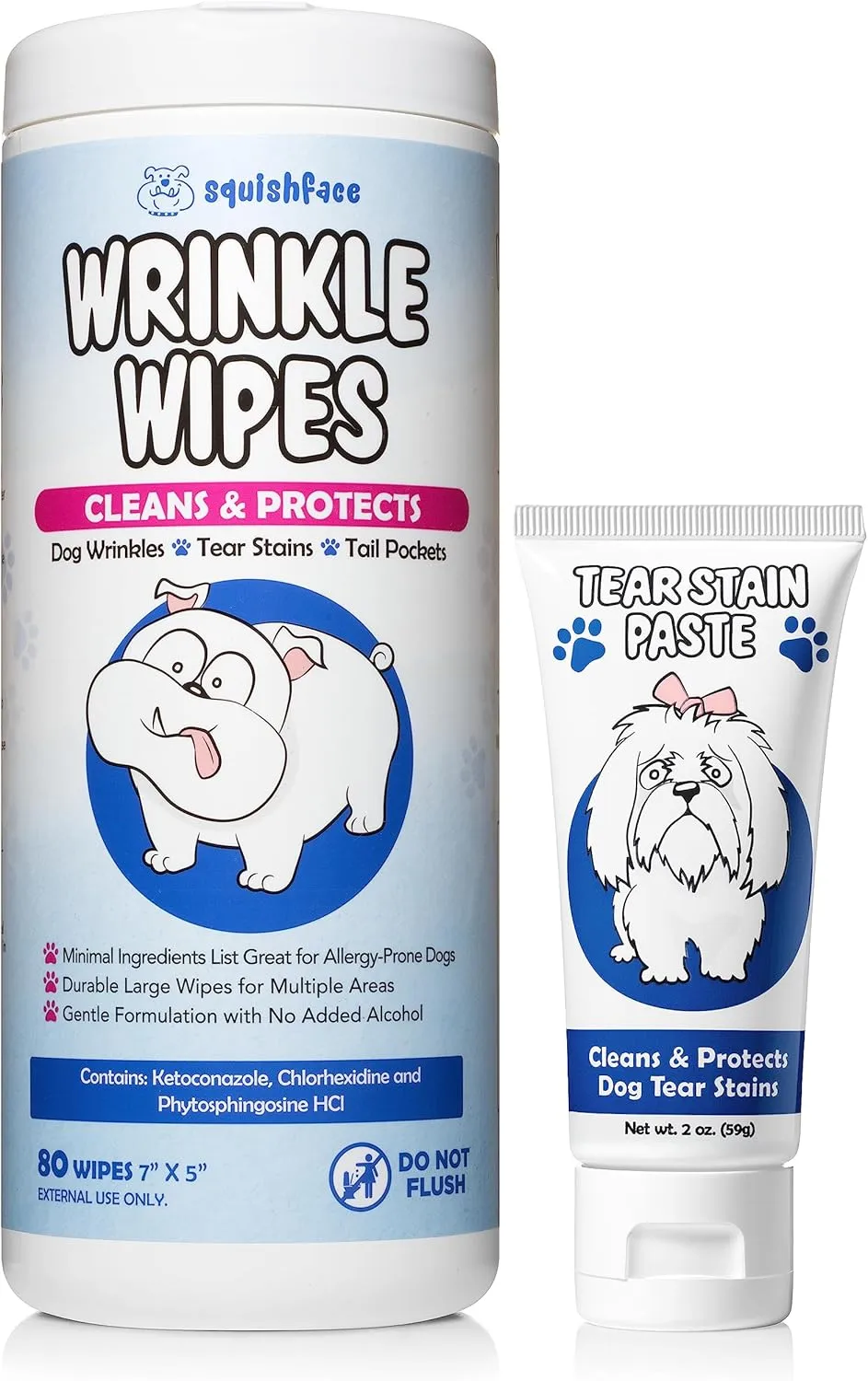 Squishface Tear Stain Paste (2oz) & 5x7 Wipes Bundle - Anti-Itch, Deodorizing, Tear Stain Remover  Great for English Bulldog, Pugs, Frenchie, Bulldogs, French Bulldogs & Any Breed