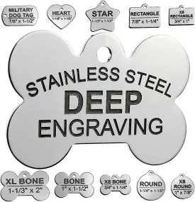 Stainless Steel Custom DEEP Engraved Pet ID Tags Personalized Front/Back Dog Tags for Dogs and Cats - Bone 1" x1-1/2 (1-Side Engraving)