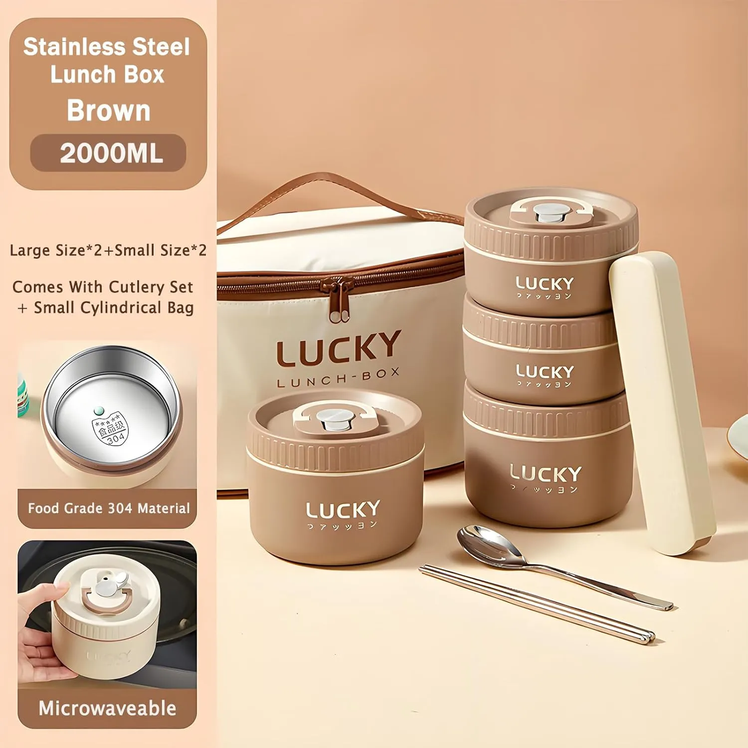 Stainless Steel Lunch Box, 3-Tier Insulated Bento Box Microwave Safe Soup Bowl for Adults, Thermal Food Container for Office Workers (Brown, 1pcs, 600ml)
