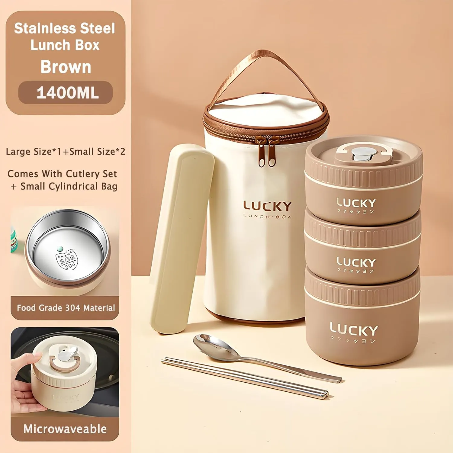 Stainless Steel Lunch Box, 3-Tier Insulated Bento Box Microwave Safe Soup Bowl for Adults, Thermal Food Container for Office Workers (Brown, 1pcs, 600ml)