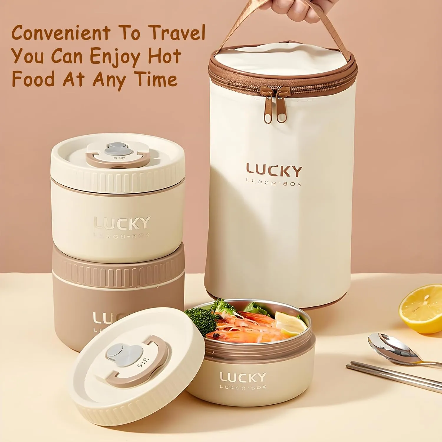 Stainless Steel Lunch Box, 3-Tier Insulated Bento Box Microwave Safe Soup Bowl for Adults, Thermal Food Container for Office Workers (Brown, 1pcs, 600ml)