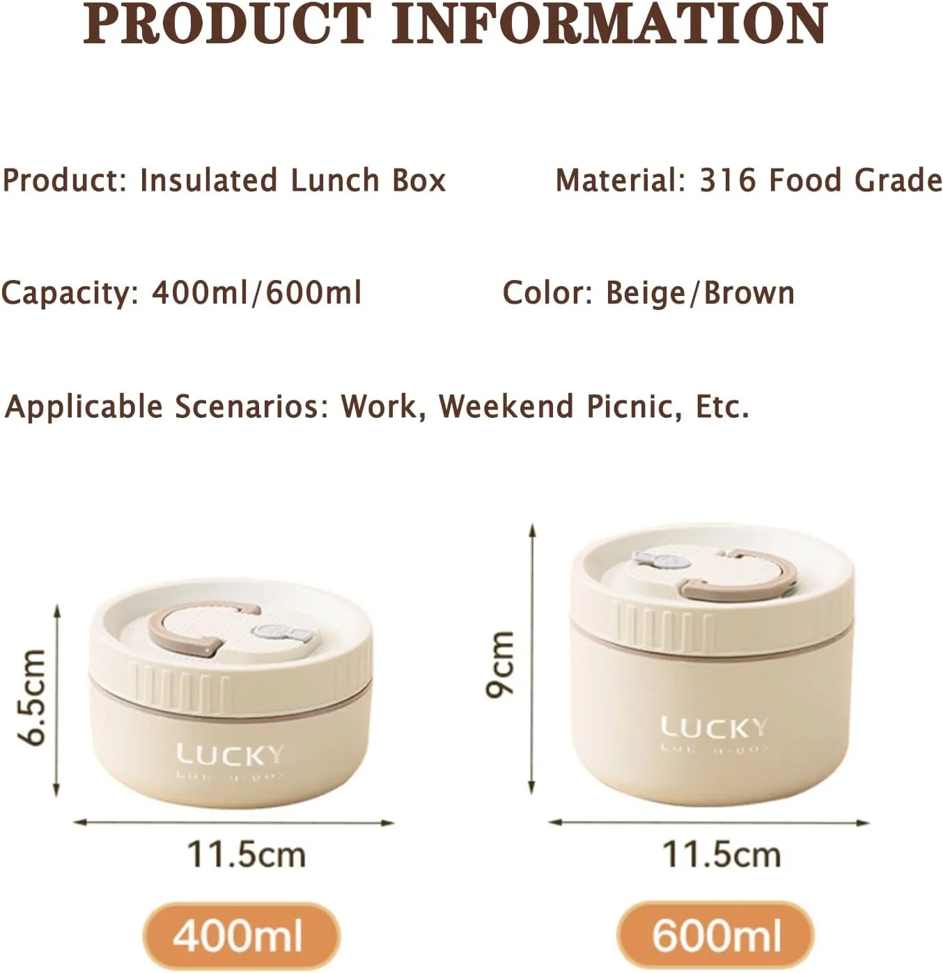 Stainless Steel Lunch Box, 3-Tier Insulated Bento Box Microwave Safe Soup Bowl for Adults, Thermal Food Container for Office Workers (Brown, 1pcs, 600ml)