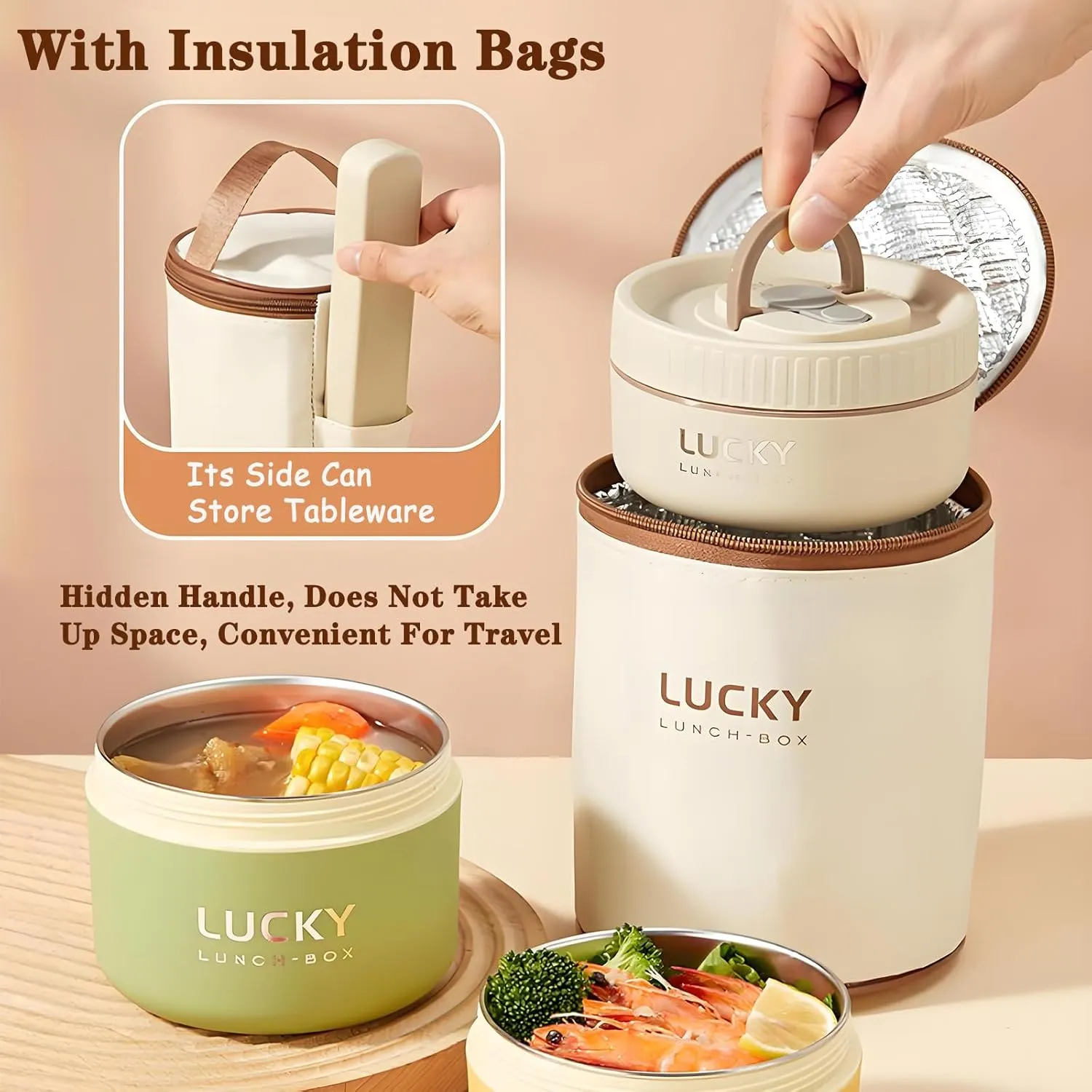 Stainless Steel Lunch Box, 3-Tier Insulated Bento Box Microwave Safe Soup Bowl for Adults, Thermal Food Container for Office Workers (Brown, 1pcs, 600ml)