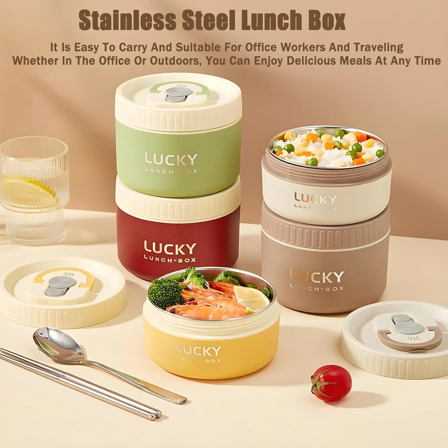Stainless Steel Lunch Box, 3-Tier Insulated Bento Box Microwave Safe Soup Bowl for Adults, Thermal Food Container for Office Workers (Brown, 1pcs, 600ml)