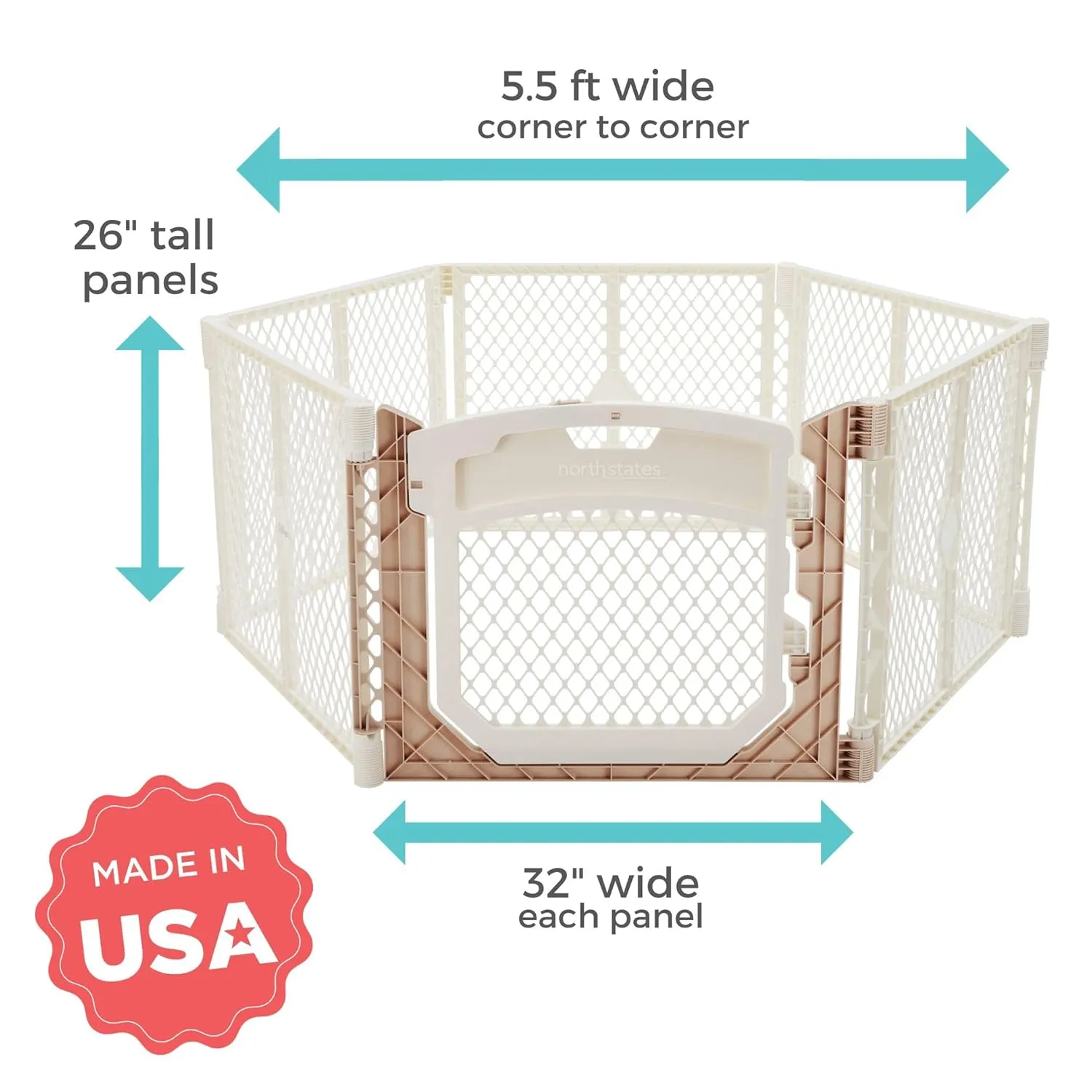 Toddleroo by North States - Superyard Ultimate Play Yard: Freestanding 6-Panel Baby Playpen with Door - Indoor or Outdoor Use - Made in USA - Encloses Up to 18.5 Square Feet - 26 Inches Tall - Ivory