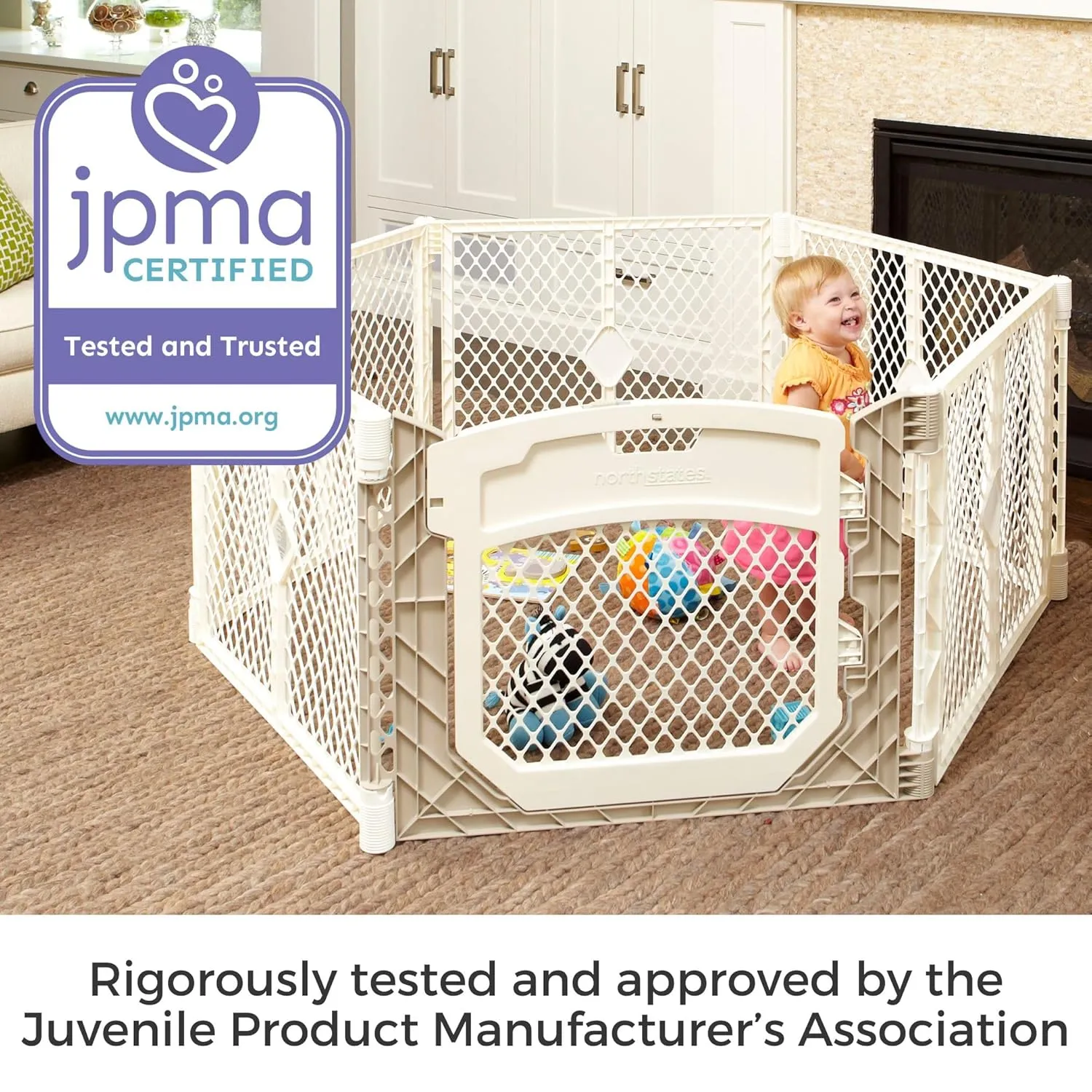 Toddleroo by North States - Superyard Ultimate Play Yard: Freestanding 6-Panel Baby Playpen with Door - Indoor or Outdoor Use - Made in USA - Encloses Up to 18.5 Square Feet - 26 Inches Tall - Ivory