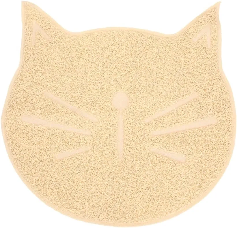 Totority Beige Cat Face Shaped Litter Mat, Non-Slip Pvc Cat Litter Pad, Protects Floors from Scratches and Gentle on Paws, Lightweight and Easy to Store, 14.96 X 14.96 X 0.70 Inch