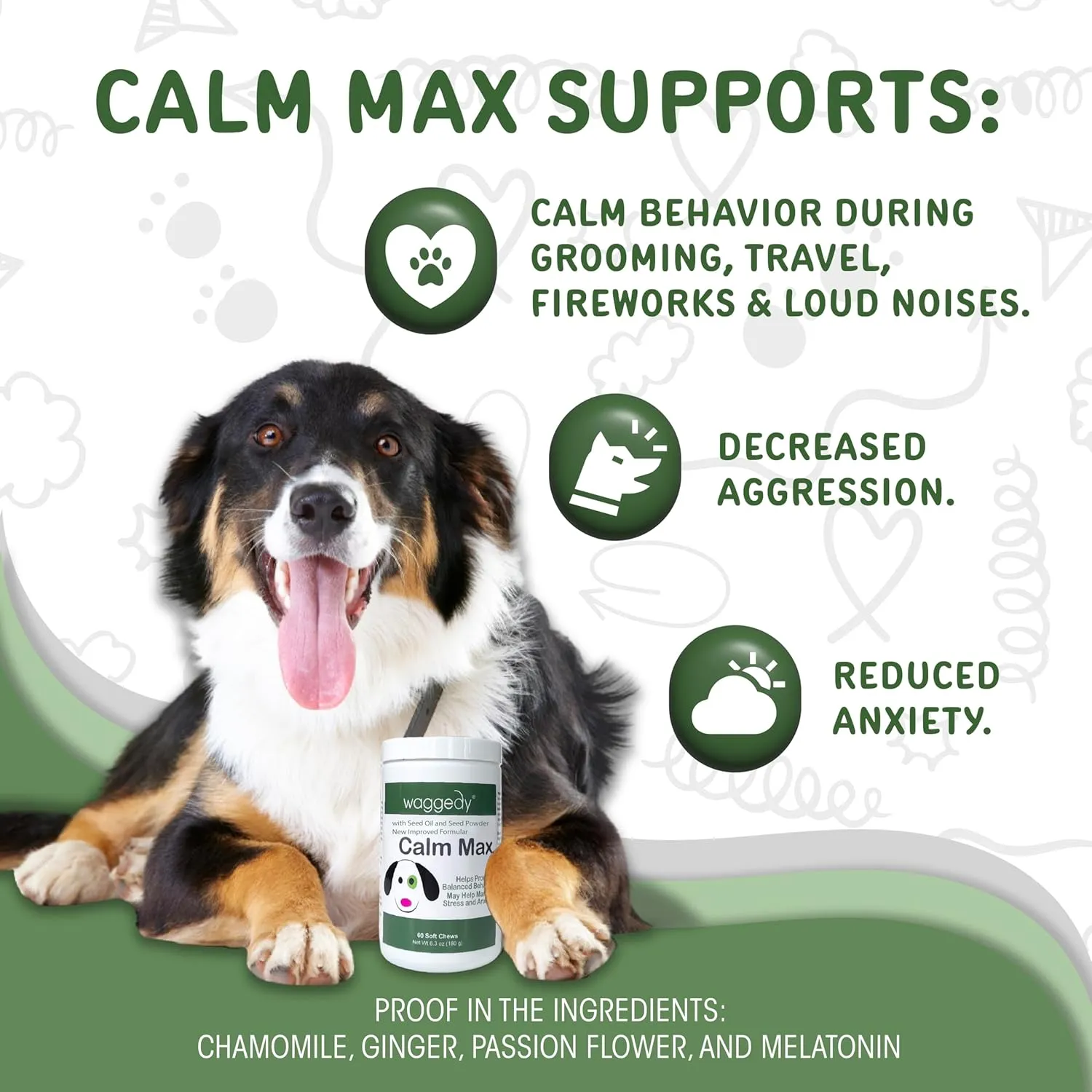 waggedy Calm Max  Calming Chews for Dogs for Balanced Behaviour & Anxiety Relief  Calming Dog Treats for Travel, Fireworks & Separation  Dog Supplements & Vitamins (60 Chews)